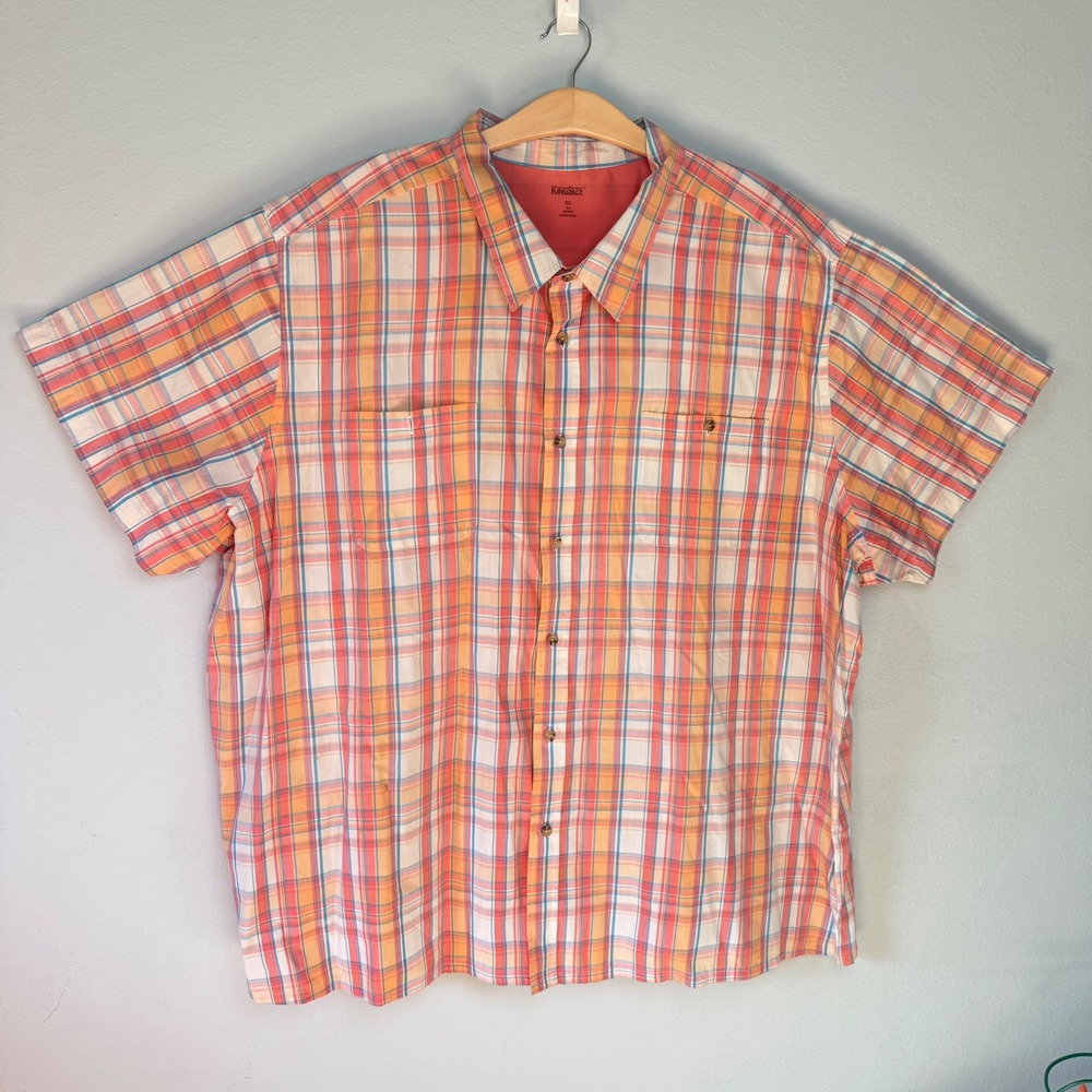 KingSize Mens Big and Tall Orange Plaid Short Sleeve Button Down Shirt 6XL